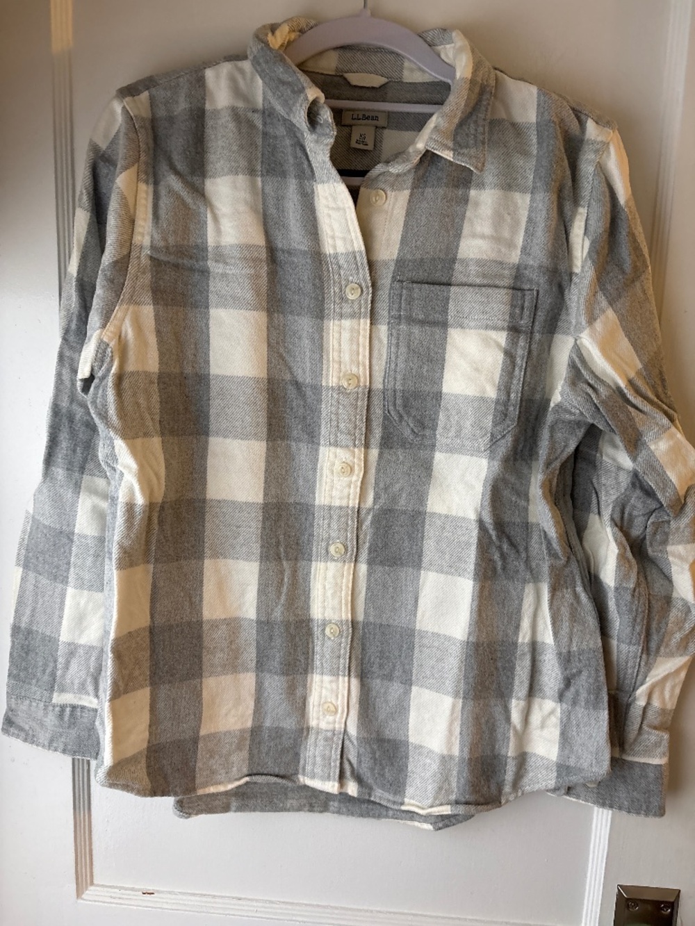 LL Bean Plaid Button Up Shirt, Gray and White Plaid, Sz XSP, EUC